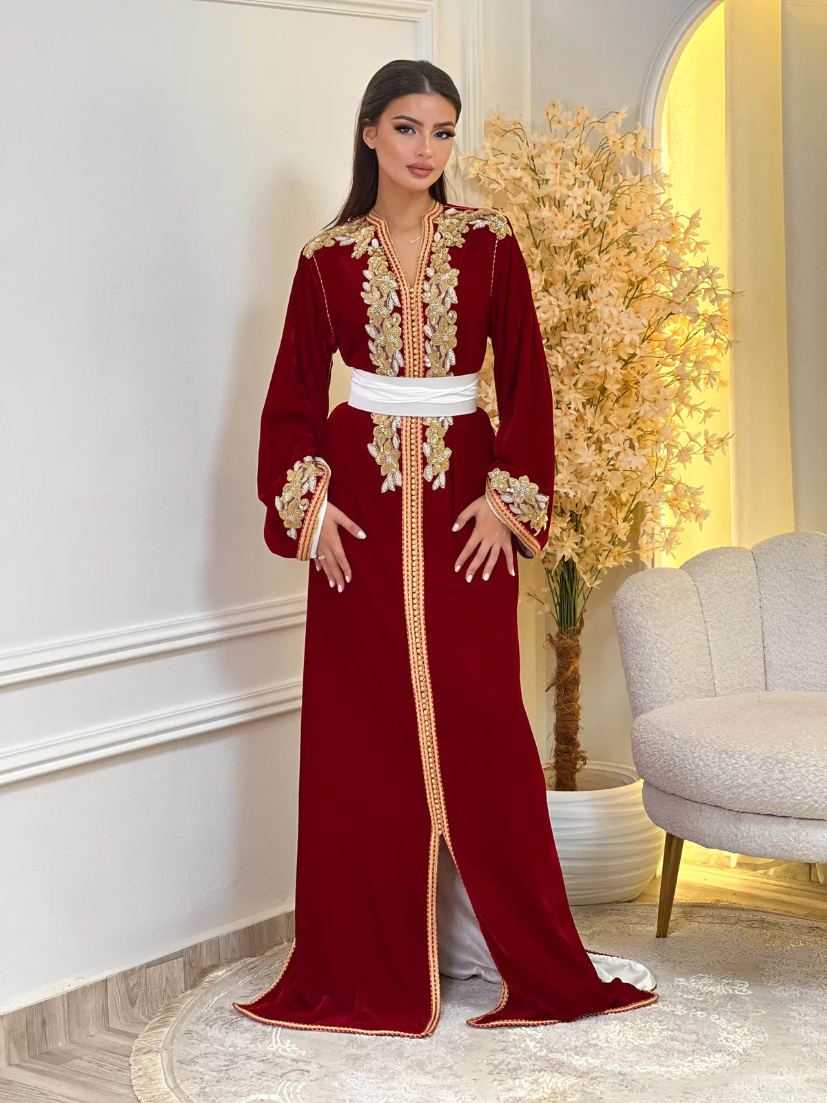 Dania Red Kaftan – Handcrafted with Gold Pearl Beadwork