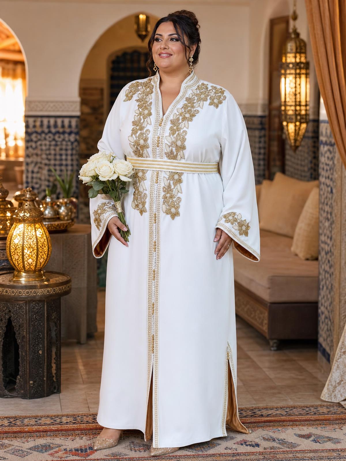 Rihab White Kaftan – Handcrafted Moroccan Dress — plus-size model