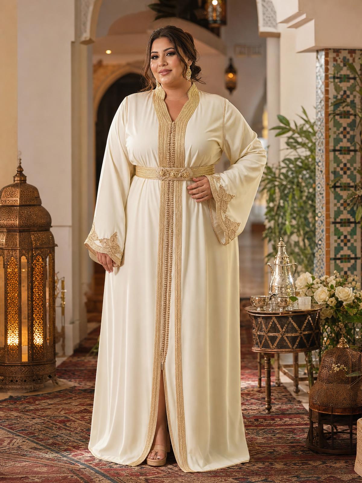 Samira Beige Takchita – Two-Piece Moroccan Ceremonial Dress \u2014 plus-size model